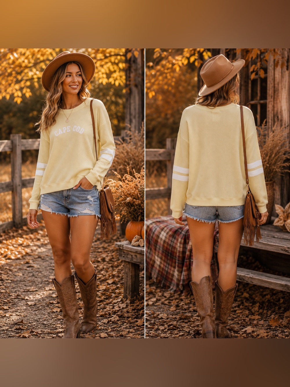 Pink Republic Pale Yellow Cape Cod Crewneck Sweatshirt with White Sleeve Stripes